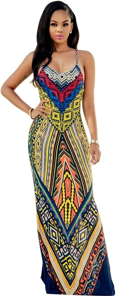 TINYHI Women's Reyna Yellow Multi-Color Aztec Print Maxi Dress Size L