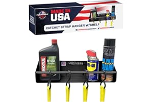 Pit Posse 465BK Tie Down Hanger Holder Storage Rack Organizer for Garage Trailer Shop - Made in USA - Aluminum Ratchet Strap Shelf for Block Garage Wall, Drywall, Wood, or Steel Trailer Studs (Black)