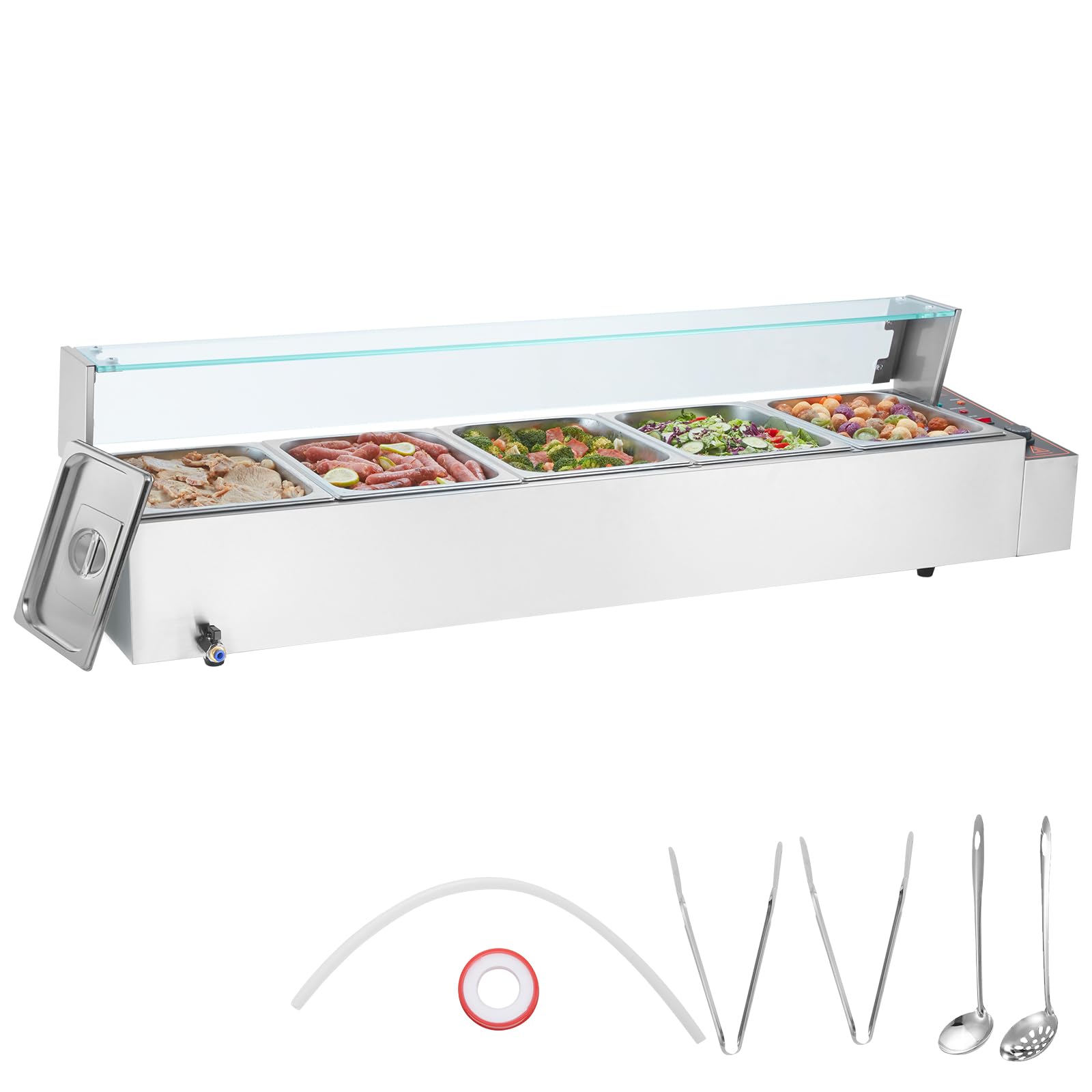 Photo 1 of VEVOR 5-Pan Commercial Food Warmer, 5 x 12QT Electric Steam Table with Glass Cover, 1700W Countertop Stainless Steel Buffet Bain Marie 86-185°F Temp Control for Catering, Restaurants, Silver