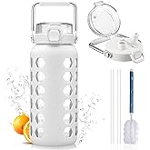 MUKOKO 64oz Glass Water Bottles with Straw and Lid,Half Gallon Water Bottle with Time Marker,Large Glass Water Jug with Silicone Sleeve and Stainless Steel Handle-White