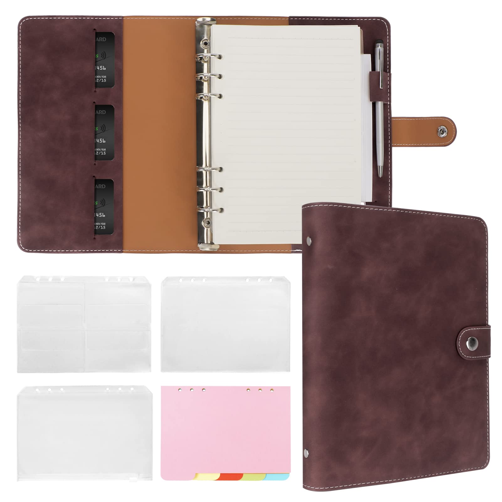 FYY Leather A5 Ring Binder Notebook - Dark Brown, 6-Ring Binder with A5 Refill Papers