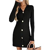 GORGLITTER Women's Button Up Mini Sweater Dress Long Sleeve V Neck Fall Winter A Line Short Dresses