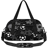 Gym Travel Duffle Bag for Boys - Black White Soccer Ball Kids Overnighter Weekend Bag with Front Zipper Pocket for School Practice, Teens Carry-On Size Sleepover Bags
