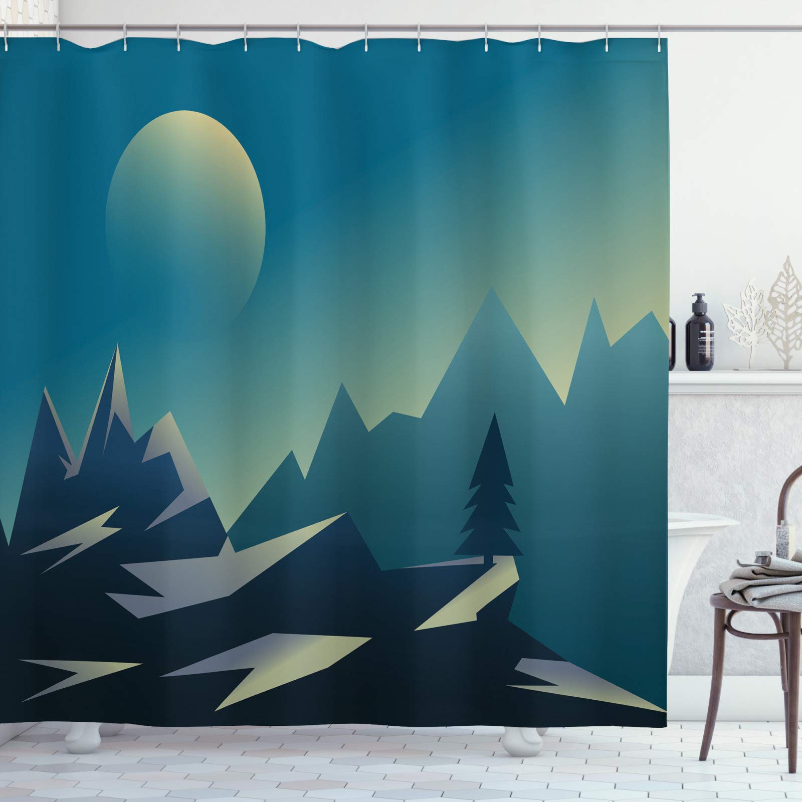 ABAKUHAUS Mountain Shower Curtain, Geometric Landscape Illustration, Cloth Fabric Bathroom Decor Set with Hooks, 70" Inches, Sea Blue Light Green
