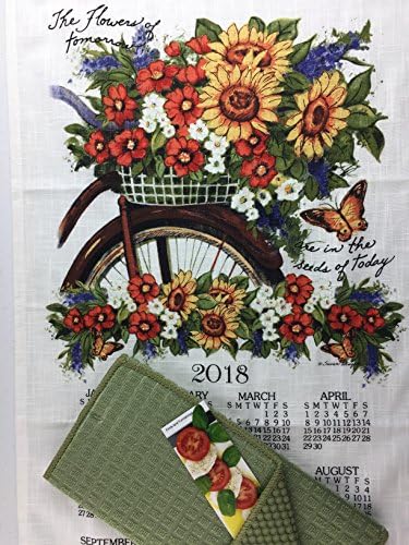 Bicycle Floral 2018 Calendar Towel, Drying Mat, and Cook Book Bookmark 3 Piece Bundle
