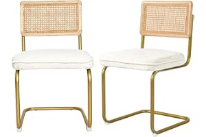 CangLong Rattan Dining Chairs Set of 2, Modern Kitchen Chairs with Natural Mesh Rattan Backrest & Solid Thick Metal Legs, Upholstered Fleece Armless Side Chairs for Living Room, Study, Cream