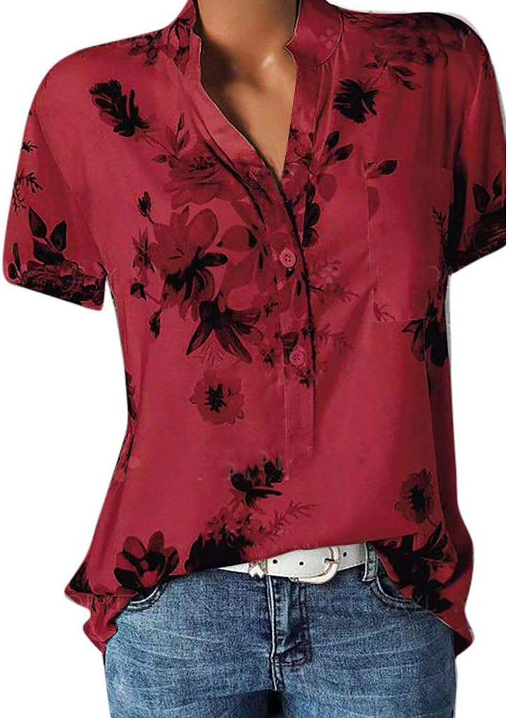 Women's Printing Pocket Short Sleeve Blouse Open-Neckline