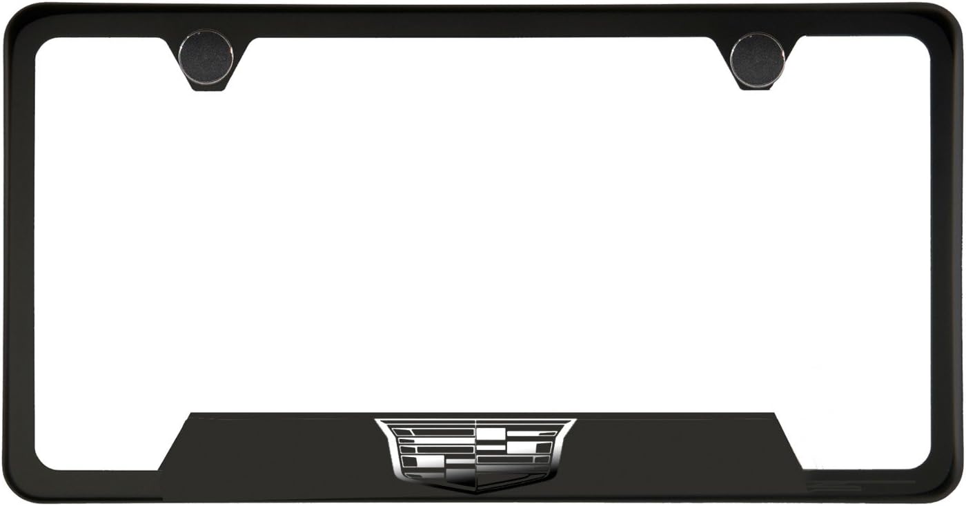 1x Laser Etched New Fit Cadillac Logo on Matte Black Powder Coated Bottom Cut Out Stainless Steel License Plate Frame Holder with Aluminum Screw Cap