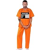 Hqroidd 8PCS Adult Prisoner Costume, Inmate Outfit Orange Prison Jumpsuit Handcuffs Convict Hood, Halloween Jailbird Uniform