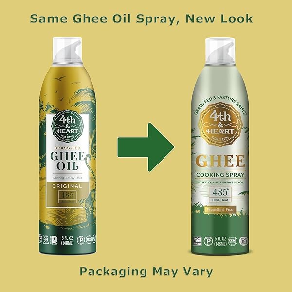 4TH & HEART ORIGINAL GHEE OIL NON-STICK COOKING SPRAY, MADE WITH GRASS-FED, PASTURE-RAISED GHEE, KETO, LACTOSE-FREE, CERTIFIED PALEO BAKING SPRAY (5OZ)