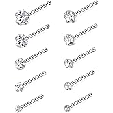 Tornito 20G 10Pcs Stainless Steel L Screw Bone Shaped Nose Studs Rings Square Round CZ Nose Ring Labret Nose Piercing Jewelry for Men Women Silver Tone 1.5mm-2mm-2.5mm-3mm-3.5mm CZ