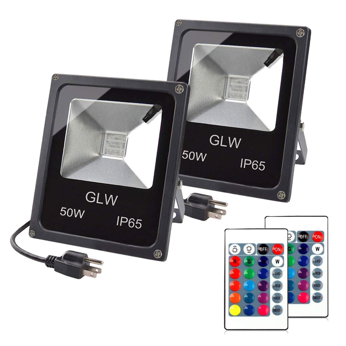 Photo 1 of GLW LED RGB Flood Light, 50W Outdoor Color Changing Lights with Remote Control, IP65 Waterproof Dimmable Wall Washer Light, Flood Lamp 16 Colors 4 Modes with US 3-Plug(2 Pack)