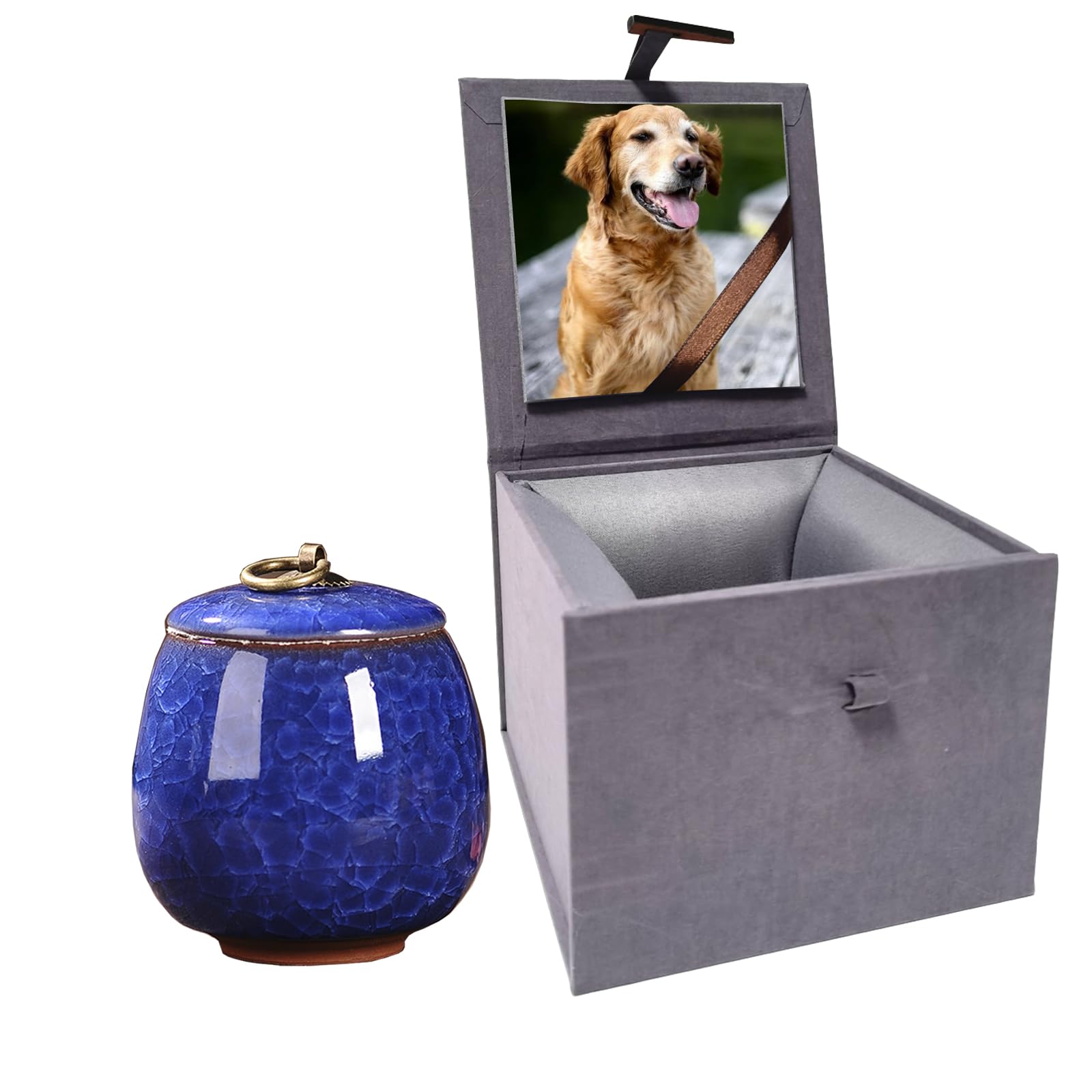 Small Ceramic Pet Urn for Ashes with Photo Display Box - Handcrafted Dog Memorial Gifts Ashes Urn for Cat Small Animals- Sapphire Blue