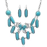 Dtja Boho Turquoise Butterfly Pendant Necklace Teardrop Dangle Earrings Jewelry Set for Women Silver Plated Elegant Bohemian Blue Birthstone Adjustable Layered Collor Chains Gifts