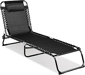 Goplus Portable Lounge Chair for Outdoor Patio Yard Pool, Folding Recliner with Detachable Pillow (Black)