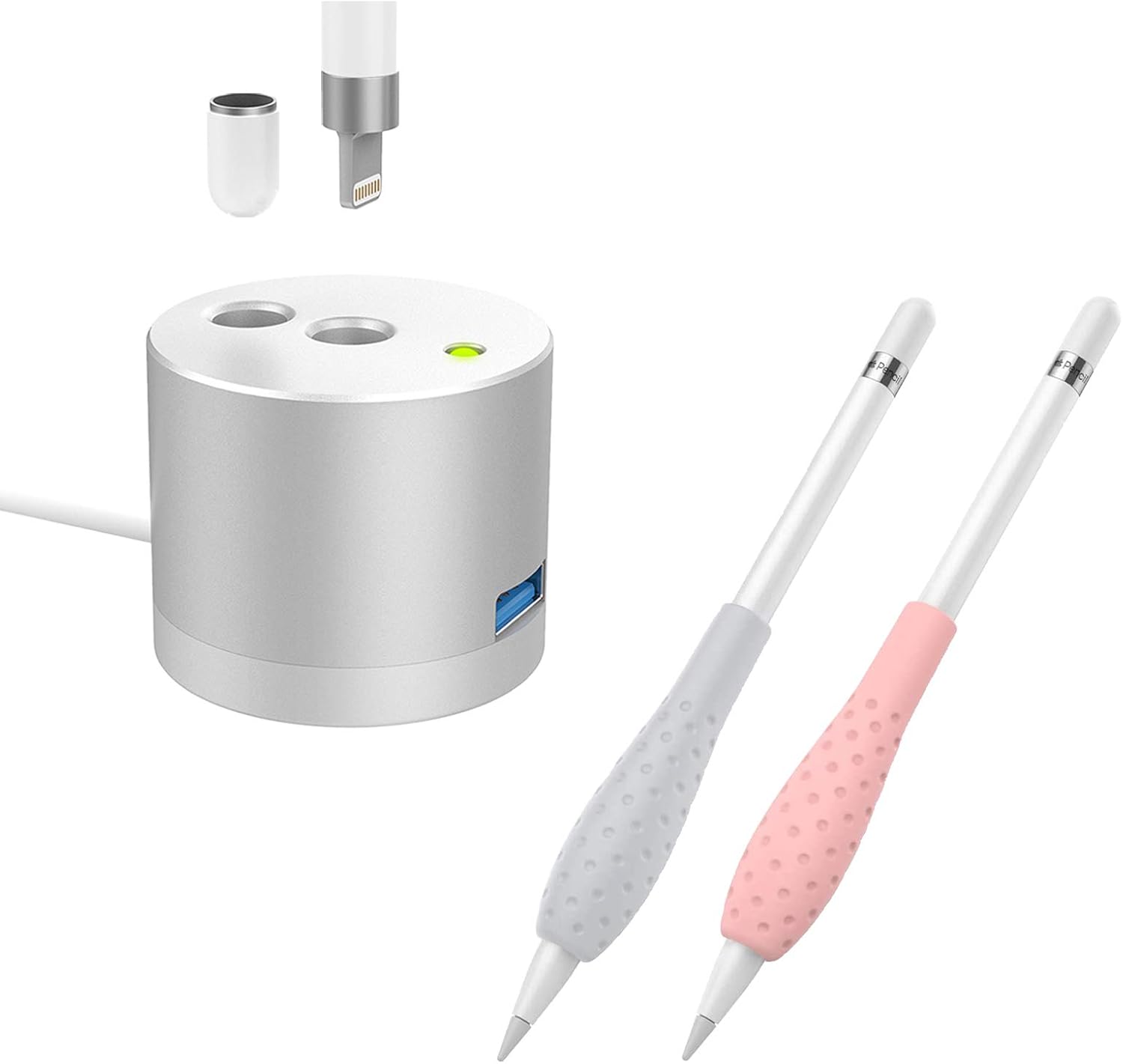 MoKo LED Charge Indicator Charging Stand (Silver) Compatible with Apple Pencil 1st Gen with Silicone Grip Holder Ergo Protective Sleeve Cover Case Accessories (2 Pack-Gray & Pink)