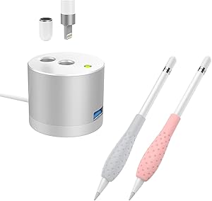 MoKo LED Charge Indicator Charging Stand (Silver) Compatible with Apple Pencil 1st Gen with Silicone Grip Holder Ergo Protective Sleeve Cover Case Accessories (2 Pack-Gray & Pink)