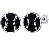 Baseball Stud Earrings 925 Sterling Silver Black Agate Softball Baseball Earrings for Women Men Senior Baseball Jewelry Gifts
