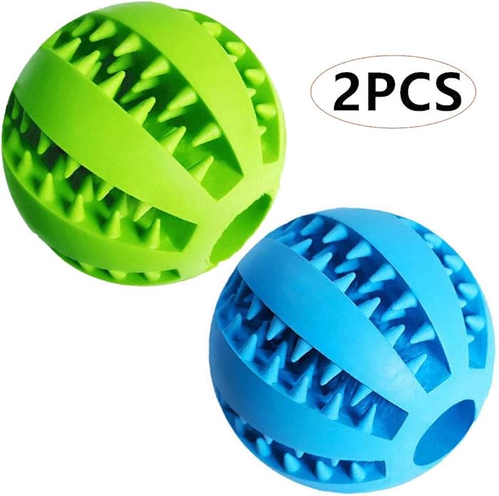 Dog Treat Toy Ball, Dog Tooth Cleaning Toy, Interactive Dog Toys(1 Green+1 Blue) 2.8" Pack of 2