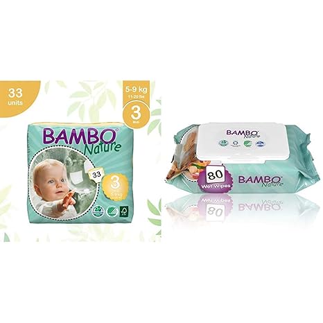 Bambo Nature Premium Baby Diapers - Medium Size, 33 Count, for Toddler (3-10 Months) - Super Absorbent and Eco-Friendly & Bambo Nature | Baby Wipes | 1 x 80s