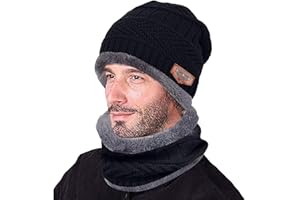 2-Pieces Winter Beanie Hat Scarf Set Warm Knit Hat Thick Fleece Lined Skull Cap for Men Women