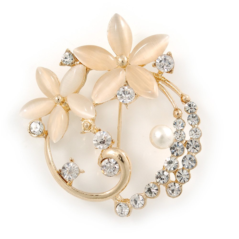 Neutral Cat Eye Stone, Crystal Floral Brooch In Gold Tone Metal - 35mm Across