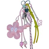 HeriNova Pink Star and Flower Bag Charm Keychain Set, Phone Strap with Leather Star, Bead Heart, Tennis Racket