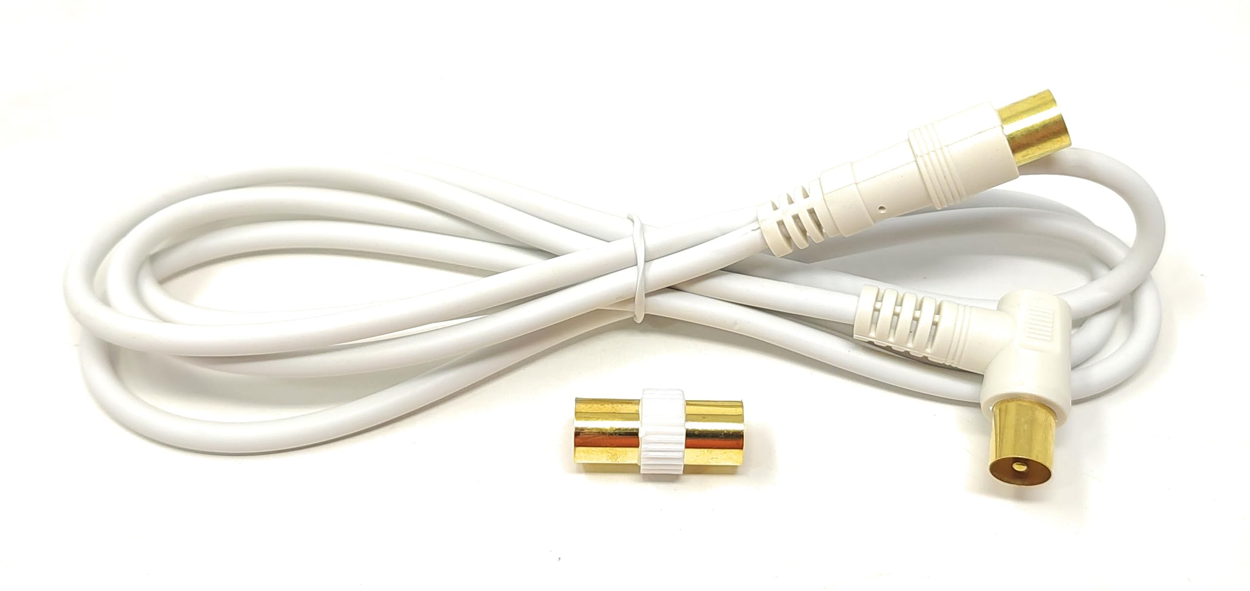 1.5m TV Aerial Coaxial Cable Male to Male, Satellite RF Antenna Coax RG59 Lead Gold Plated Connectors with Female Coupler (Right Angled, White)