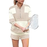 Panadila Womens Striped Workout Set Two Piece Outfits Oversized Lounge Set Long Sleeve Tops and Shorts with Pockets