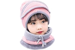 YLUCKY 3-in-1 Winter Knit Beanie Hat Scarf Mouth Cover Set for Kid Girls Boys Fleece Lining Cap with Pompom