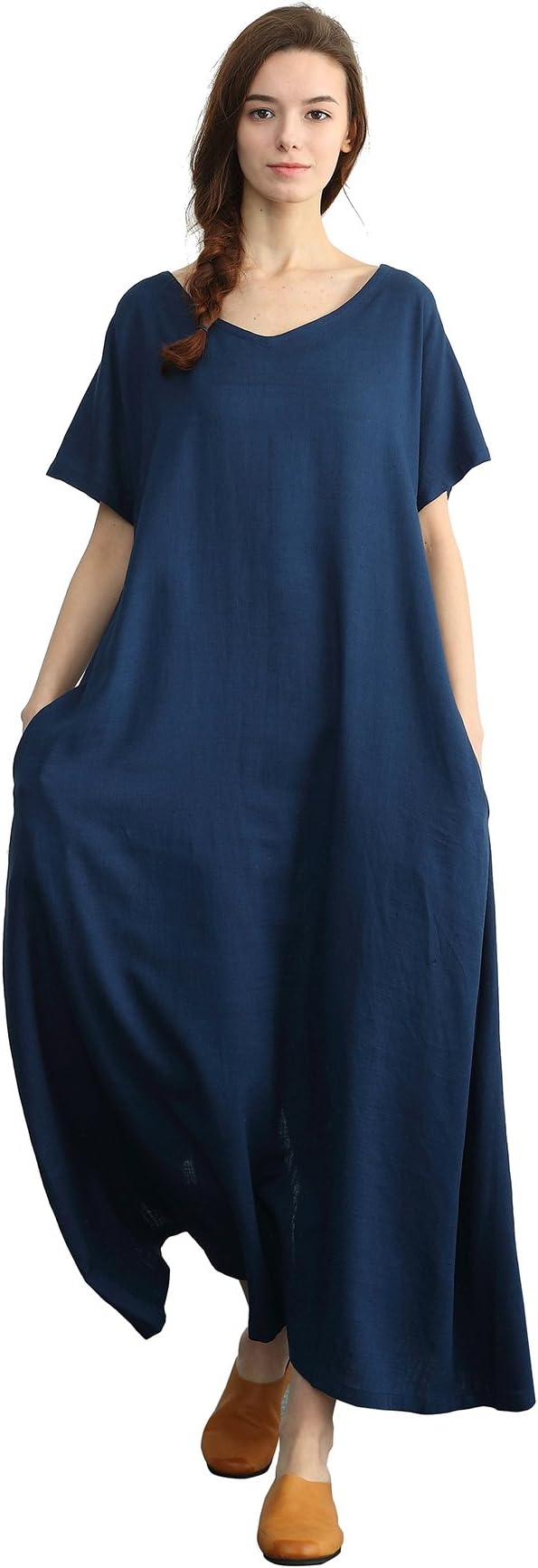 Sellse Women's Linen Loose Summer Large Size Long Dress Plus Size Cotton Clothing