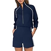 SENSERISE Womens Long Sleeve Romper One Piece Jumpsuits Mock Neck Wide Leg Shorts Fall Outfits with Zipper & Pockets