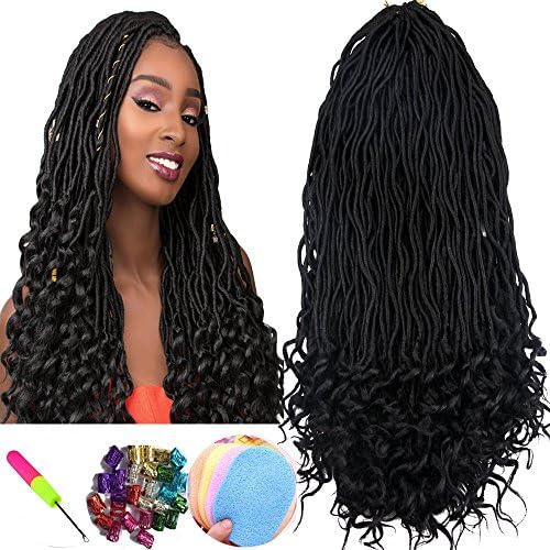 3Pcs/Lot Wavy Faux Locs Crochet Hair Goddess Faux Locs with Curly Ends Synthetic Braiding Hair Extension (20 Inch, 1B)