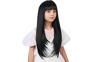 WAVELNM Kids Black Wig with Bangs Girls Natural Black Long Straight Wig Child Daily Halloween Party Cosplay Wigs