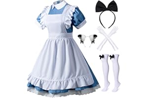 Wannsee Japanese Anime 6Pcs Lolita French Maid Apron Fancy Dress Cosplay Costume Gloves Headwear Socks set(Blue M)