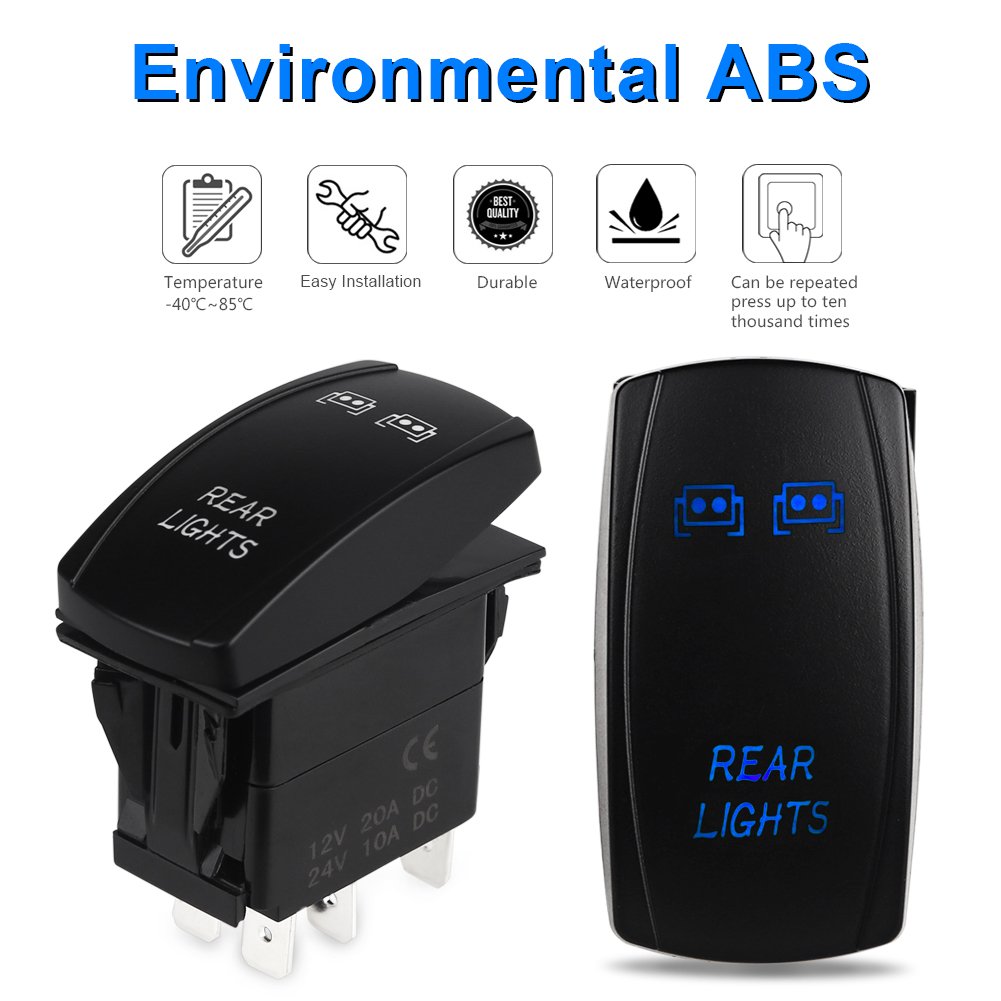 WATERWICH 5 Pin Rear Lights Illuminated Rocker Toggle Switch Waterproof with Jumper Wires Set DC 20A 12V/10A 24V Black Shell/ON-Off SPST Rocker Switch for Auto Truck Boat Marine RV Off Road