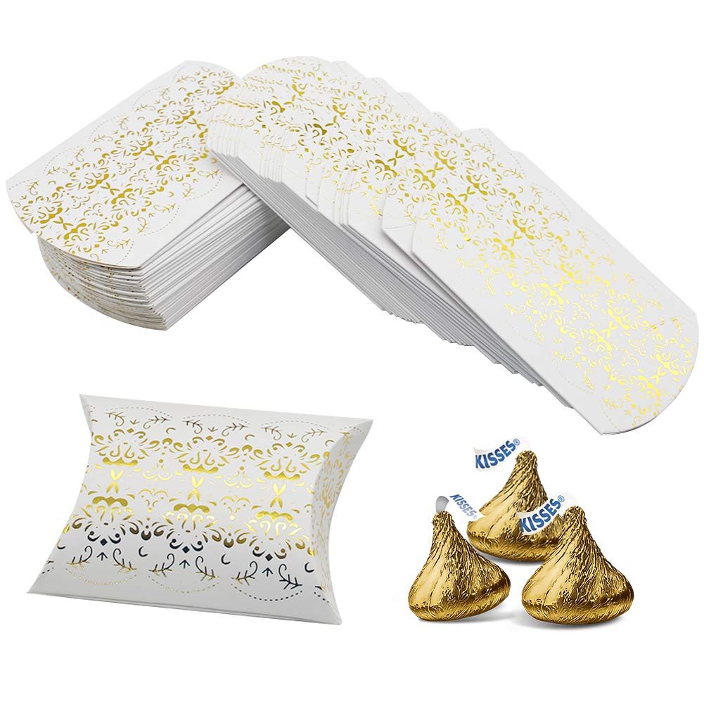 100pcs Gold Pillow Box,Kraft Paper Pillow Boxes Candy Treat Gift Boxes for Wedding Bridal Shower Baby Shower Birthday Party Supplies