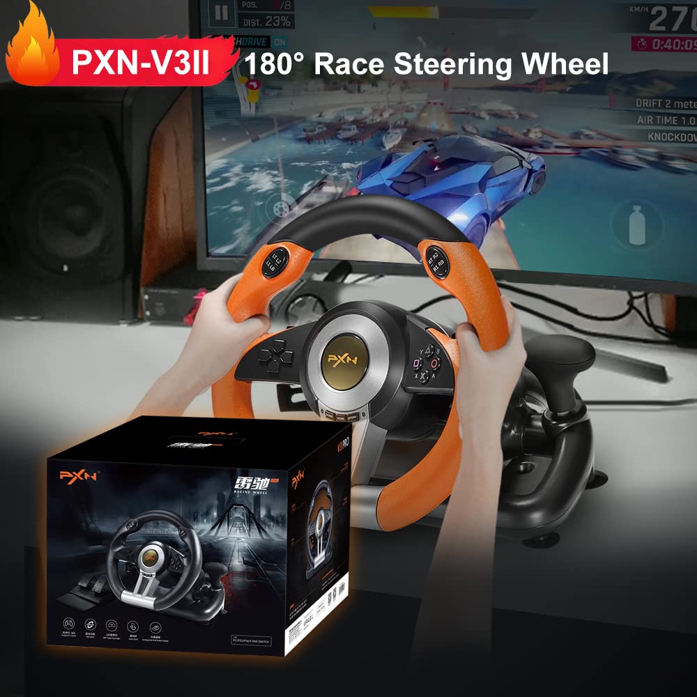 PXN PC Racing Wheel, V3 PRO 180 Degree Universal USB Car Sim Game Steering Wheel with Pedals for PC, Xbox One, Xbox Series S/X, PS3, PS4, Switch
