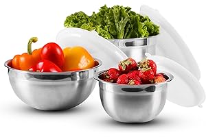 OVENTE Mixing Bowl Stainless Steel with Lids, Nesting Bowls with Measuring Marks, Safe Easy to Clean & Storage,Perfect for Cooking Baking Serving,Silver BM46333S, 1.5,3.5,5 Quarts,Mixing Bowl-Set of 3
