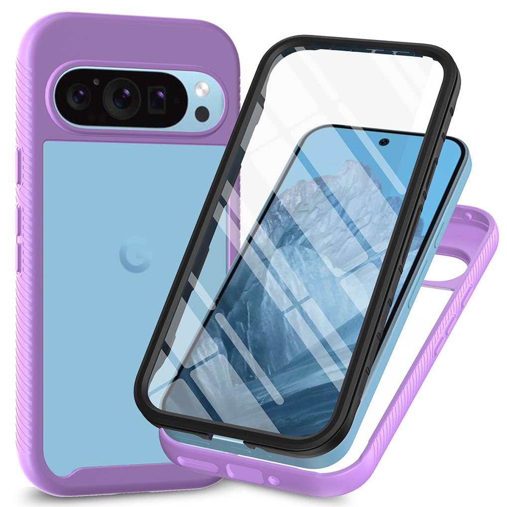SEAHAI Clear Case for Google Pixel 9 Pro XL, [with Built-in Screen Protector] Military Grade Full Body Rugged Armor Cover, Heavy Duty Dropproof Shockproof Case - Light purple