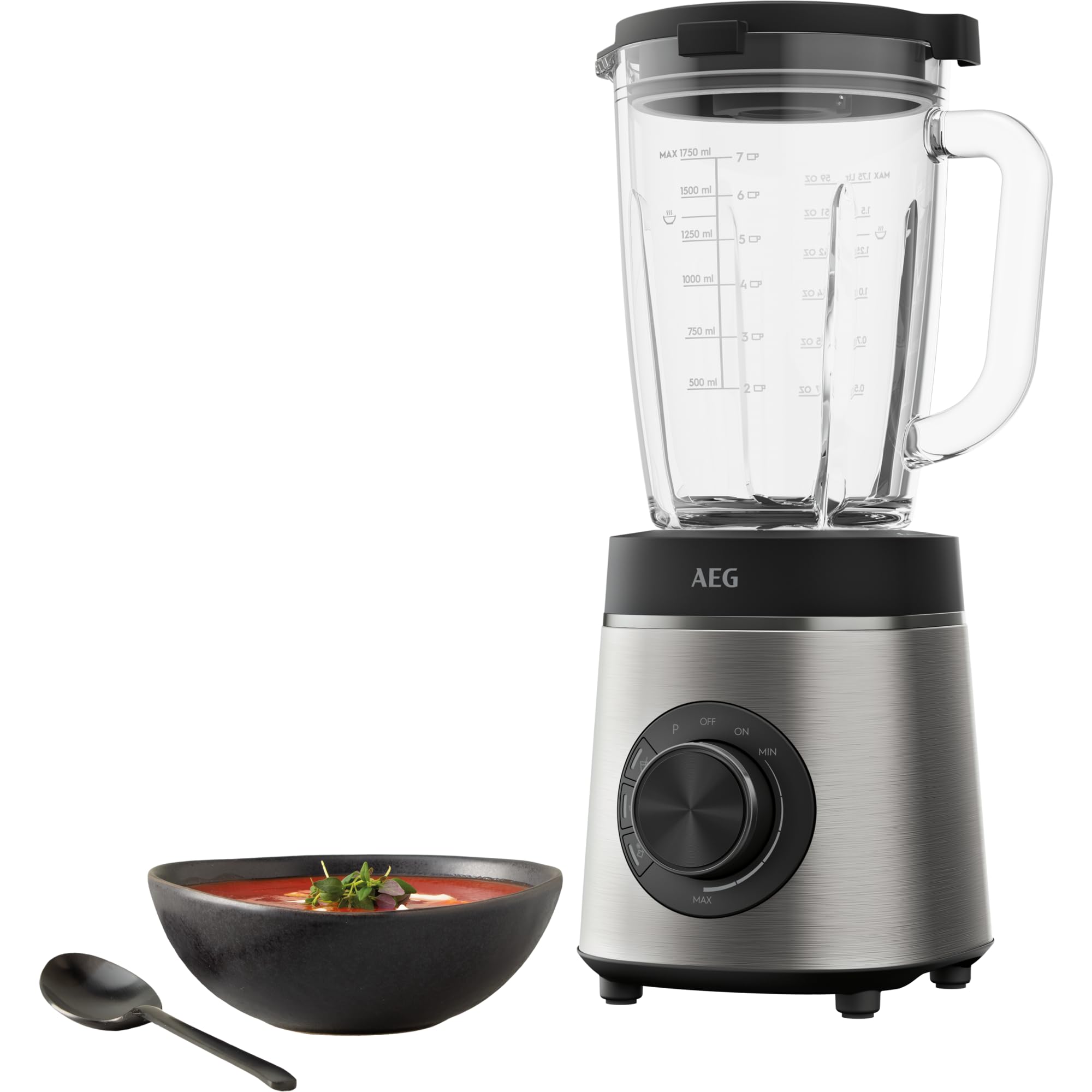 AEG TB6-1-6ST Standmixer/Geschwindigkeitsanpassung/3 Programme/Smoothie/Crushed Ice/Pulsfunktion/Drehknopf + Tasten/6-Klingen Edelstahlmesser/1400W/1,75l Glaskrug Gebürster Stahl/Granit Grau