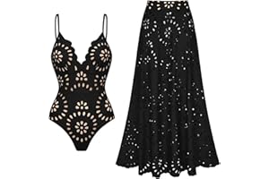 FLAXMAKER Women's One Piece Bathing Suit Petal Hollow V Neck Swimsuit and Skirt