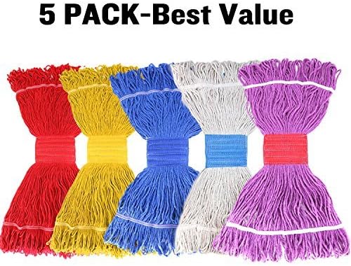 16 oz Cotton Easy Wring Saddle Mop Head Refill, Heavy Duty Looped-End String Swinger Style Replacement Mop Head, for Home, Commercial, and Industrial Use (5 Pack Multi Color, 16 oz)