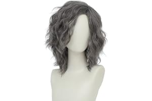 Tseses Mens Grey Curly Wig Short Anime Gray Hair Wig Side Part Layered Fluffy Wave Cosplay Funny Costume Unisex Wigs