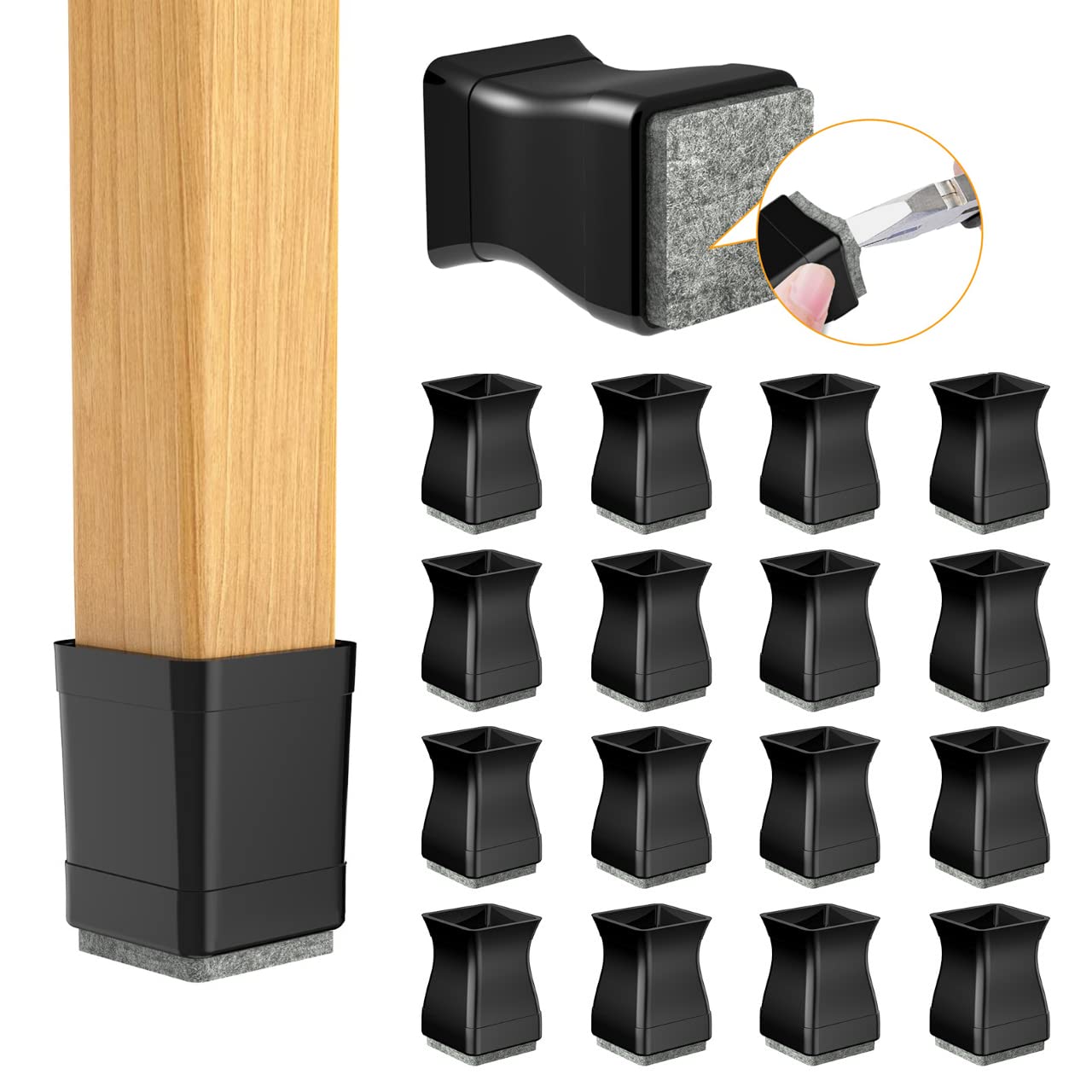 Photo 1 of 16 Pcs Square Chair Leg Protectors - Protects Wood & Hardwood Floors (Fit: 2" - 2 1/4" Black)