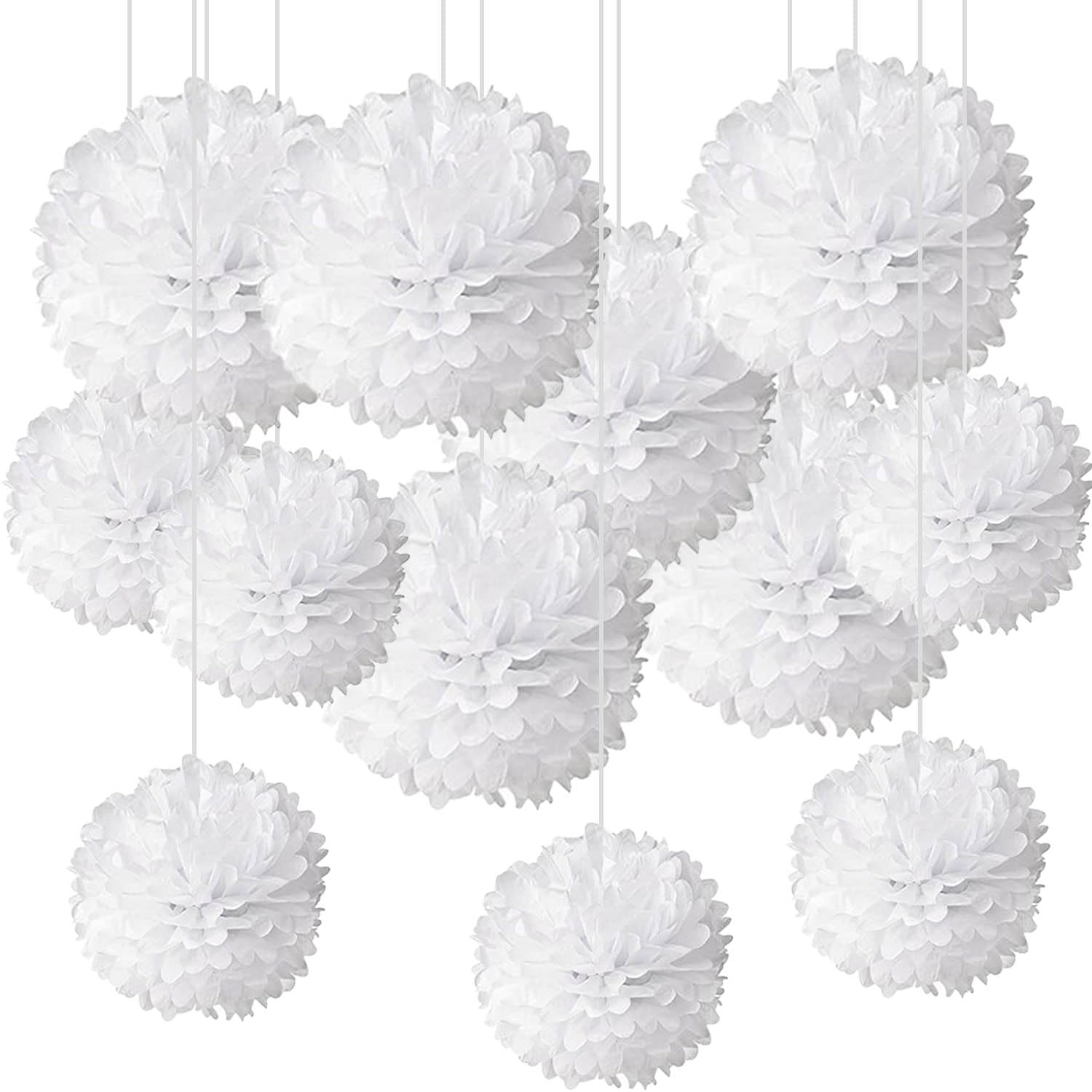 CC wonderland zone 12Pcs White Hanging Tissue Paper Pom Poms Decorations for Party Ceiling Wall Tissue Flowers Decorations, 6Pcs of 12in & 6Pcs of 10in