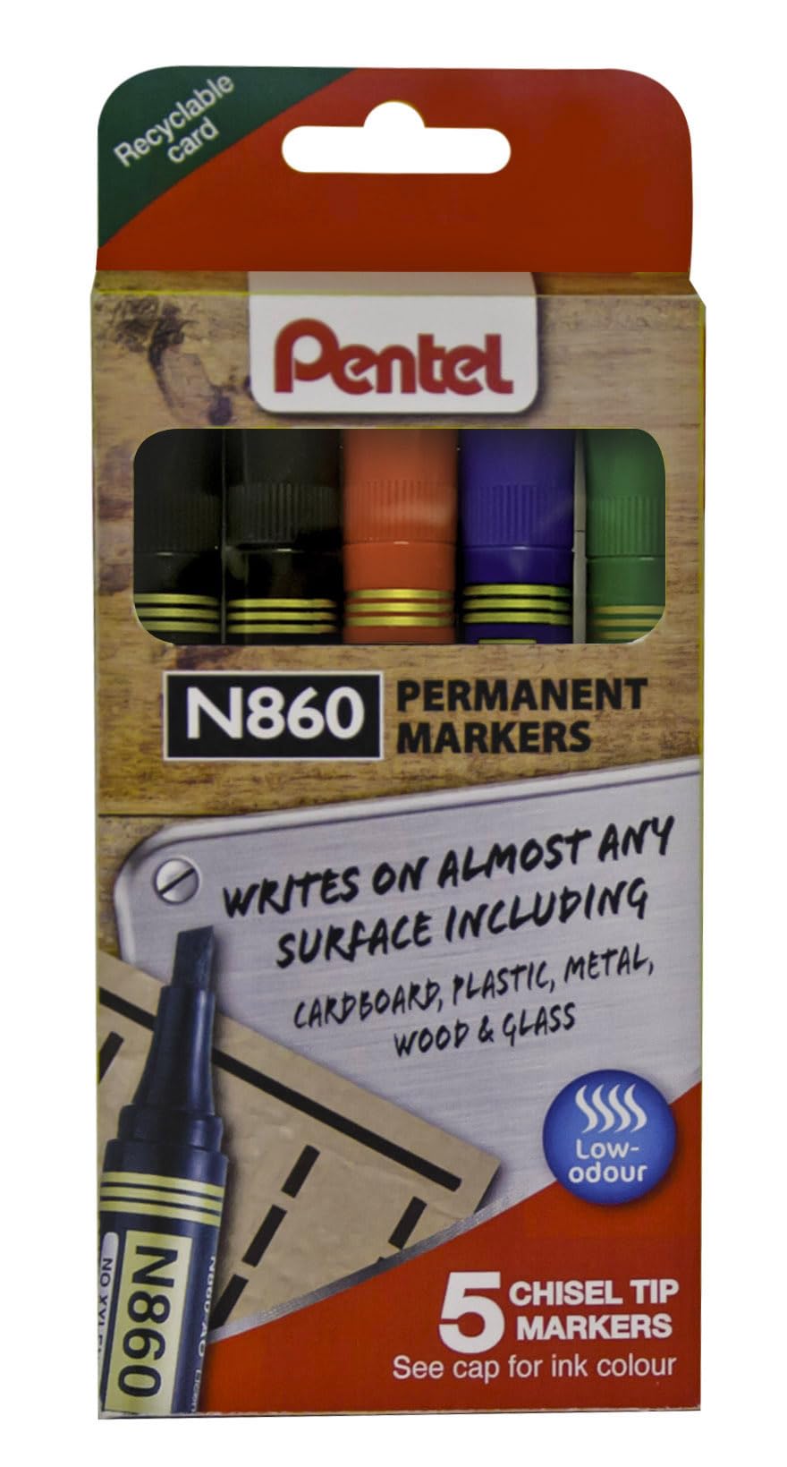 Pentel N860 Permanent Marker Chisel Tip Pack of 5 Assorted