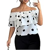 Floerns Women's Plus Size Off The Shoulder Tops Layered Ruffle Polka Dots Casual Blouses