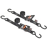 PowerTye 1.5in x 7ft Ergonomic Locking Ratchet Straps with Heavy-Duty S-Hooks - Made in USA - 1,000 lb. Working Load Limit / 3,000 lb. Breaking Strength - Black (Pair)