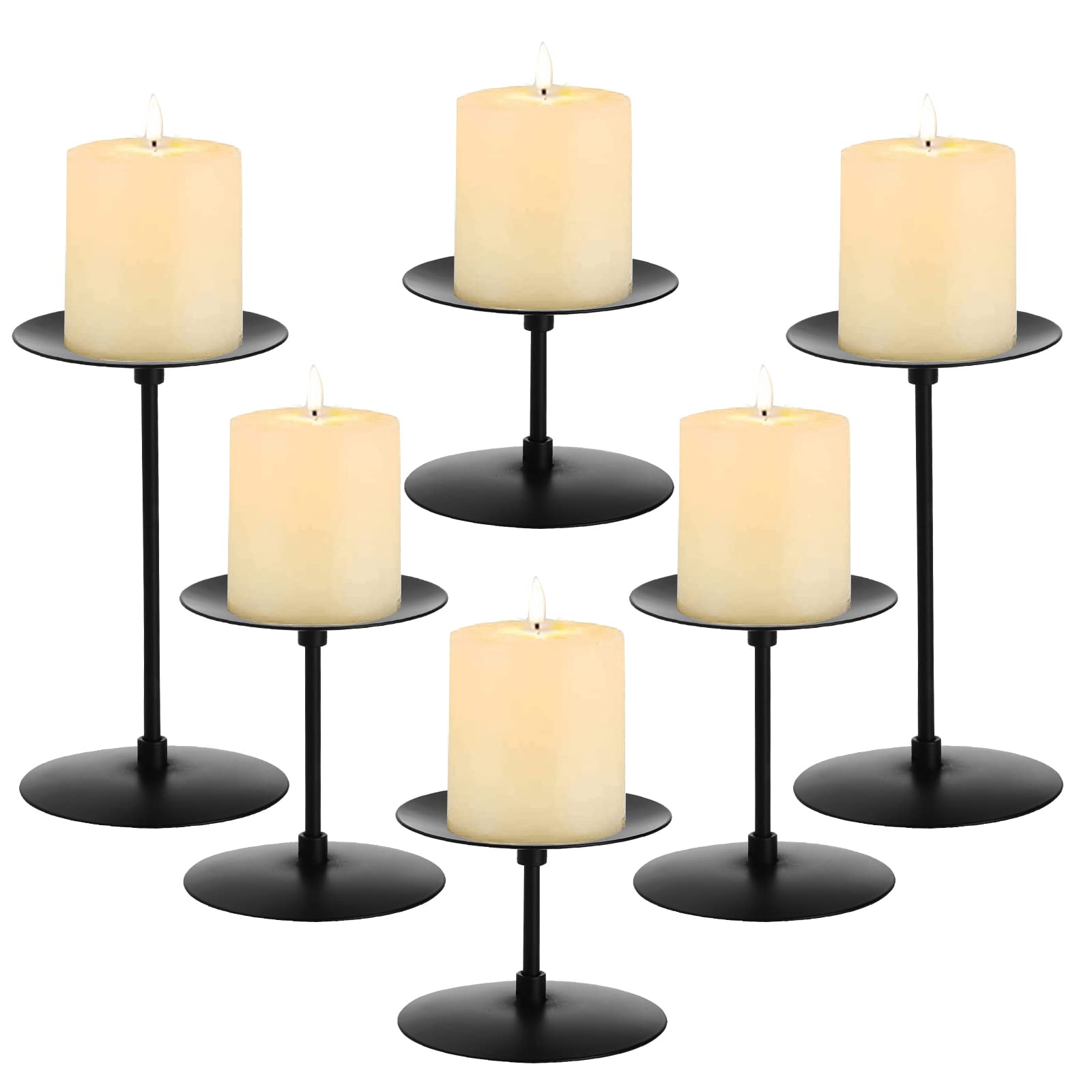 Photo 1 of Elsjoy Set of 6 Black Pillar Candle Holders, Metal Pillar Candle Stand Fireplace Candelabras Set for Home Decor, Table Centerpiece, Wedding, 3 Sizes